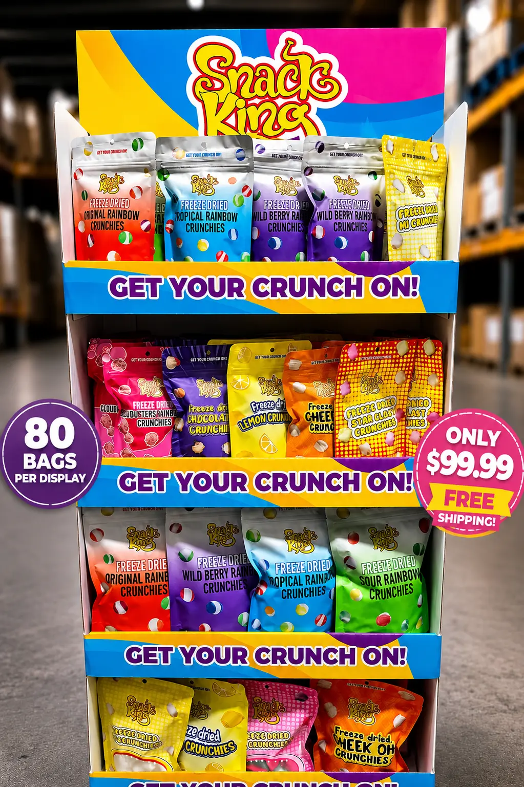 Snack King freeze dried candy retail display stocked with 80 assorted bags