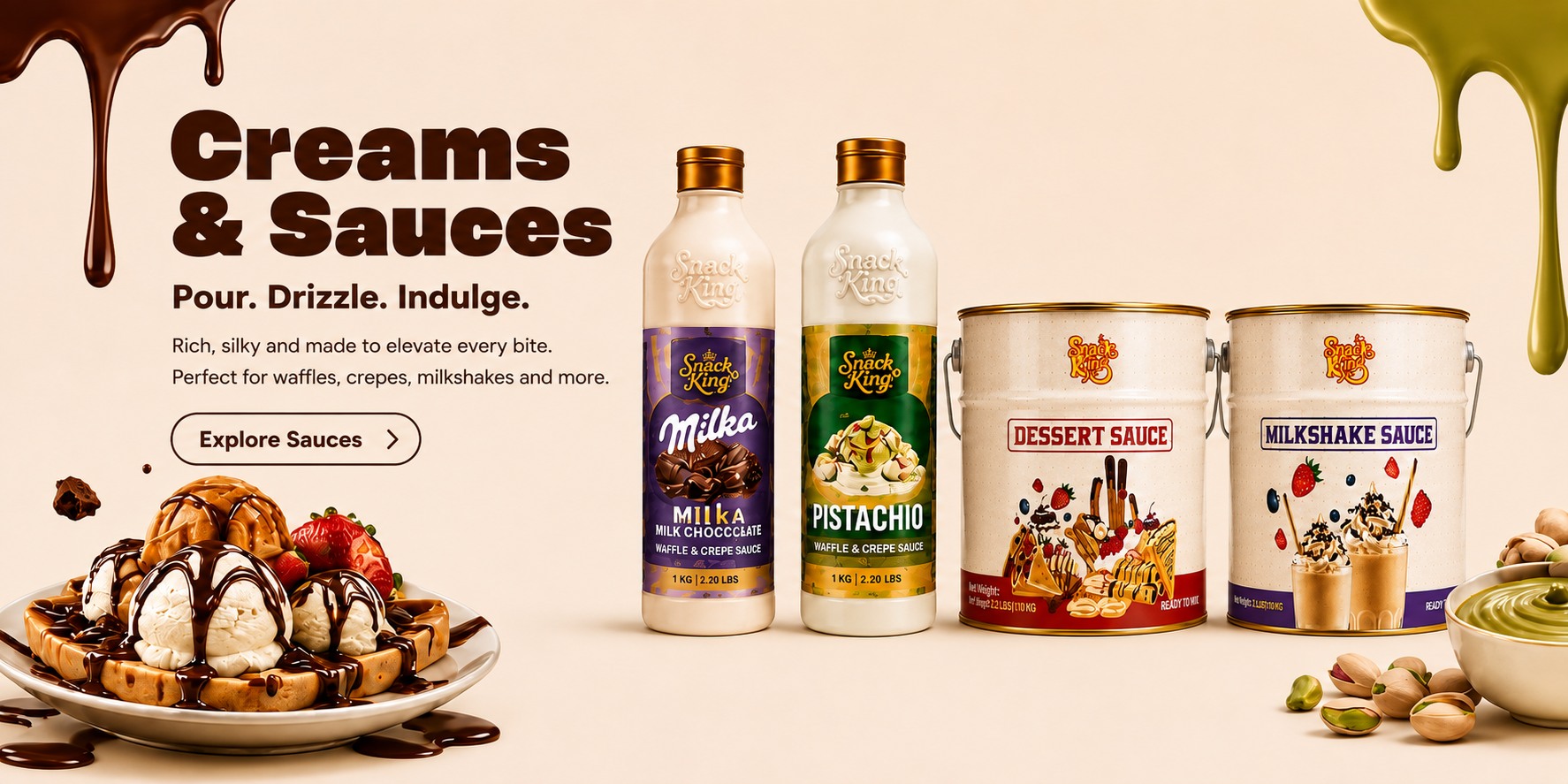 Creams & Sauces — Milka and pistachio waffle sauce bottles beside dessert and milkshake sauce buckets