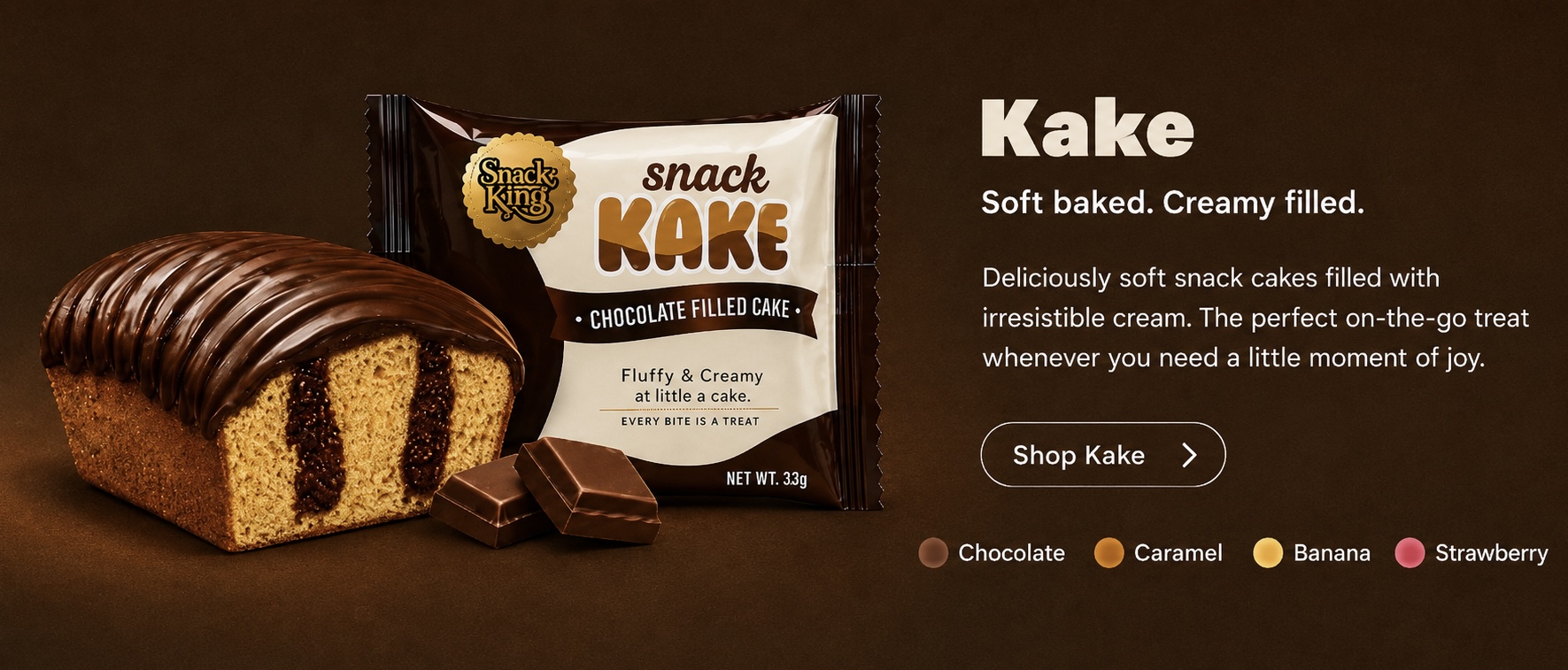 Kake — soft baked chocolate filled Snack KAKE with its wrapper and a sliced cake