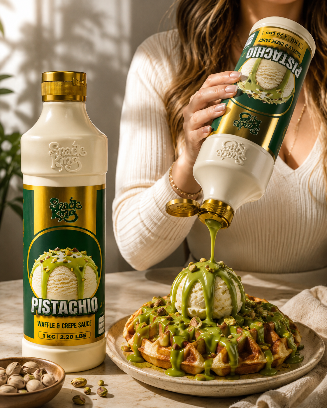 Pistachio sauce being poured over a waffle with ice cream beside the 1 kg bottle