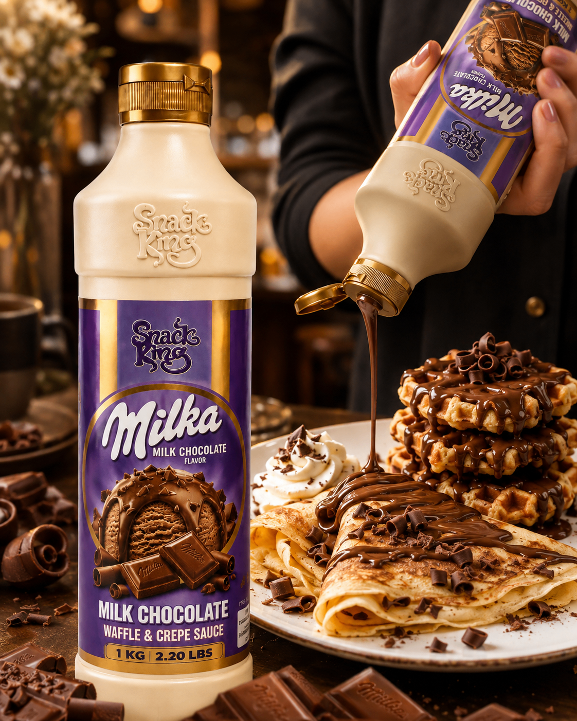 Milka milk chocolate sauce being poured over crepes and waffles beside the 1 kg bottle