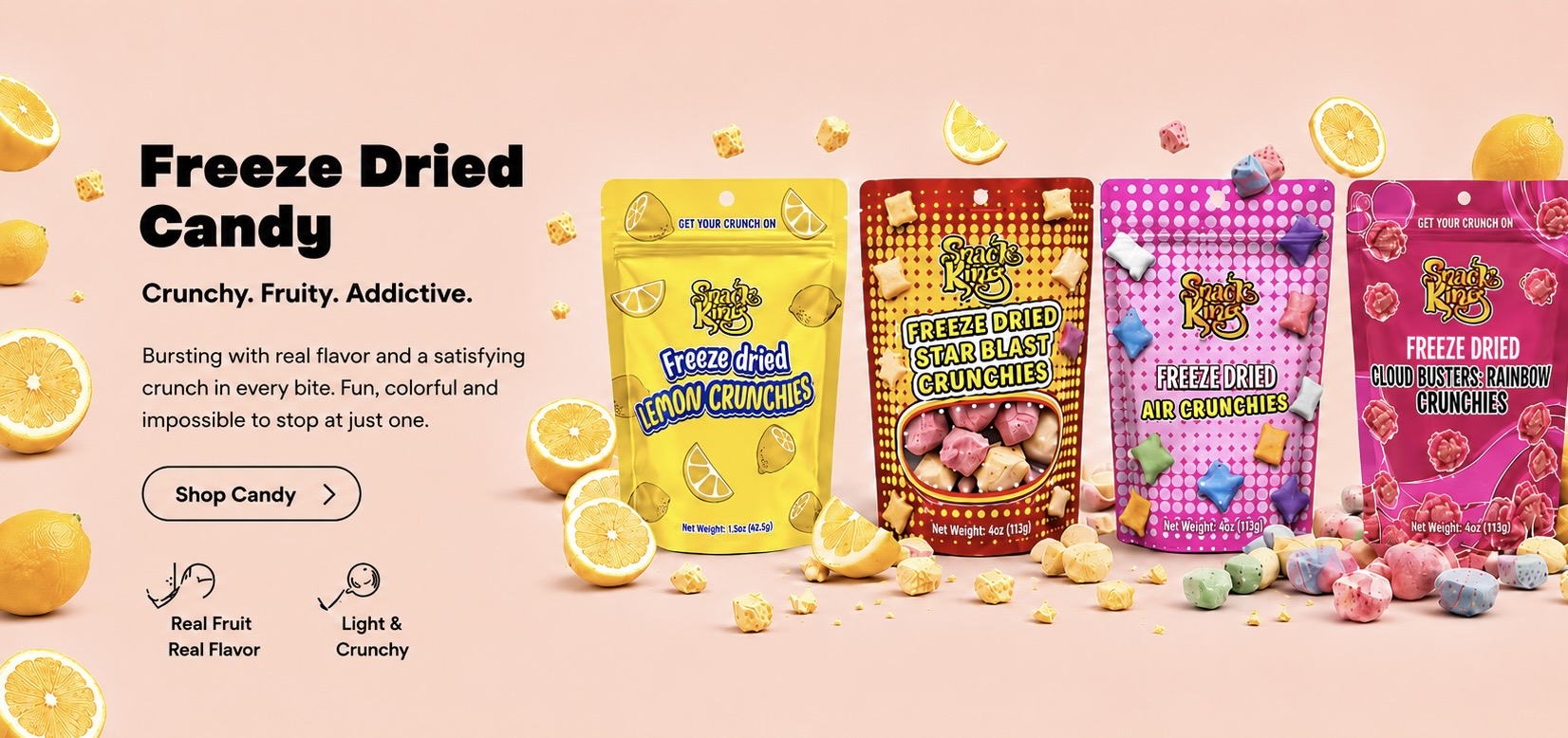 Freeze Dried Candy — lemon, star blast, air crunchies and cloud busters bags with loose candy