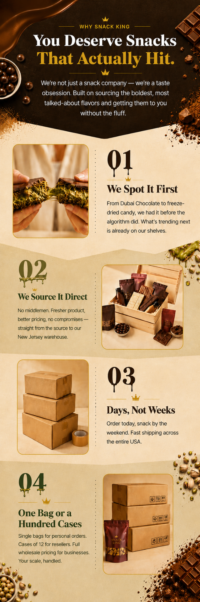 Why Snack King — You deserve snacks that actually hit. Premium quality, fast shipping, and wholesale scale.