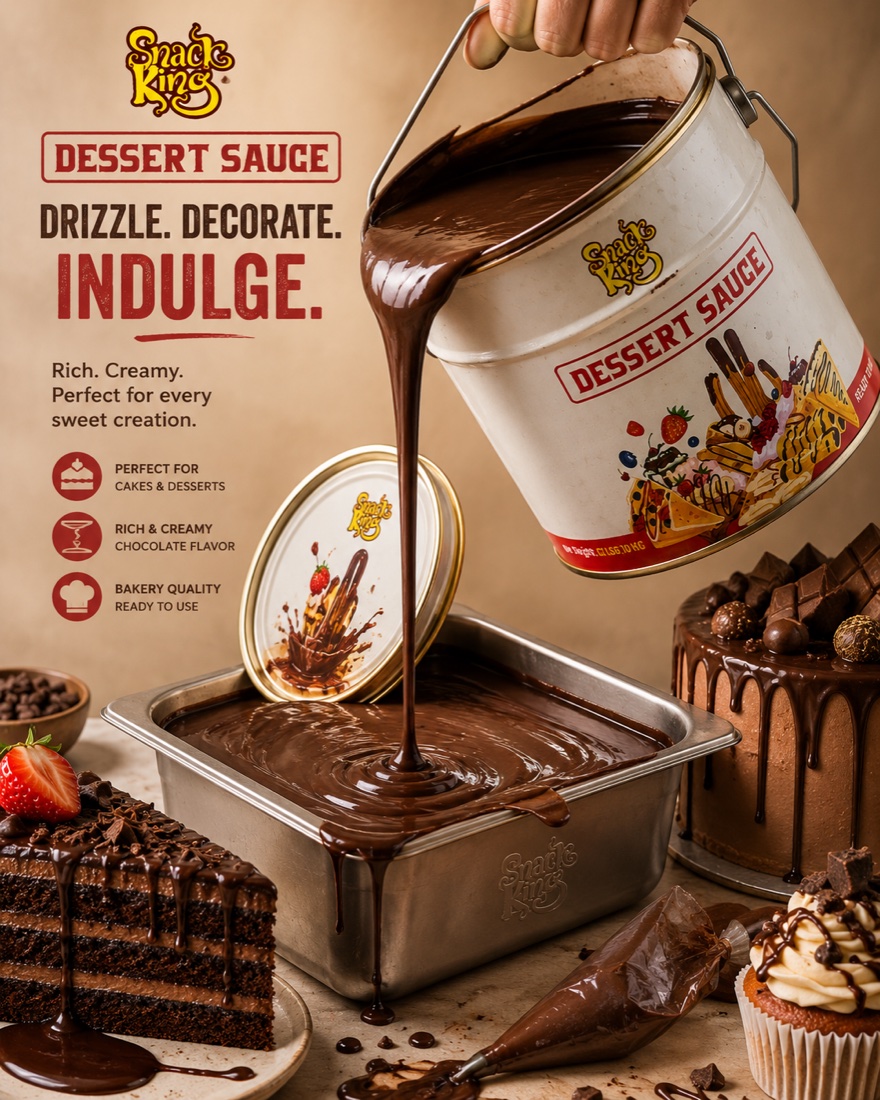 Chocolate dessert sauce pouring from a Snack King bucket into a tray
