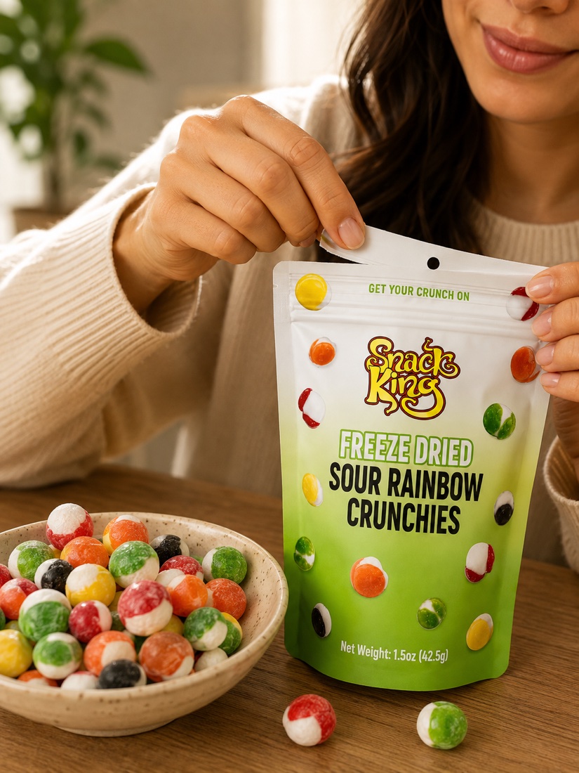 Hand opening a bag of freeze dried sour rainbow crunchies beside a bowl of candy