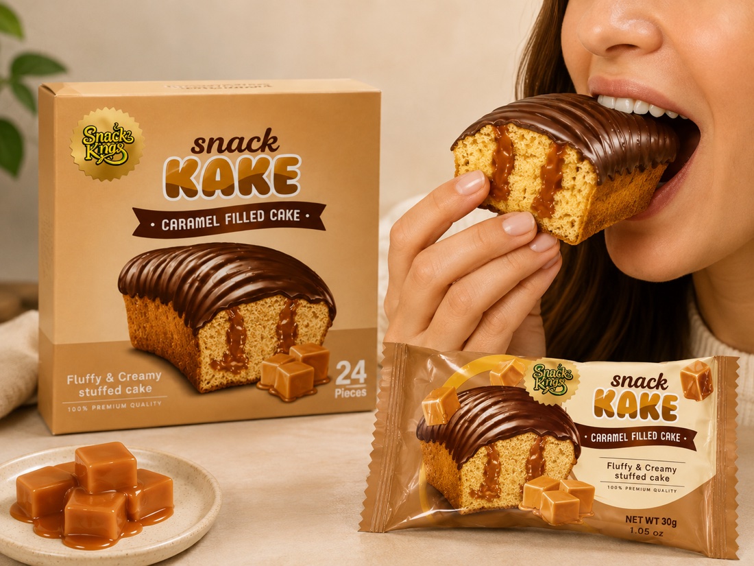Snack KAKE caramel filled cake box with a single wrapped cake