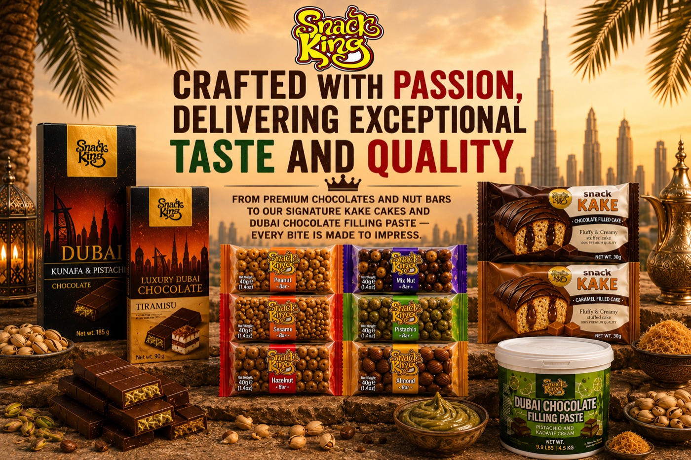 Snack King range — Dubai chocolate, Snack KAKE, nut bars and pistachio filling paste — under the line Crafted with Passion, Delivering Exceptional Taste and Quality