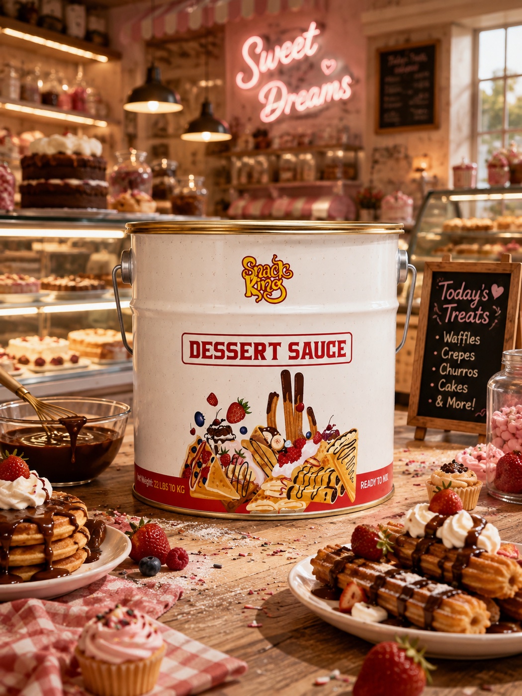 Snack King Dessert Sauce bucket on a bakery counter surrounded by waffles, crepes and cakes