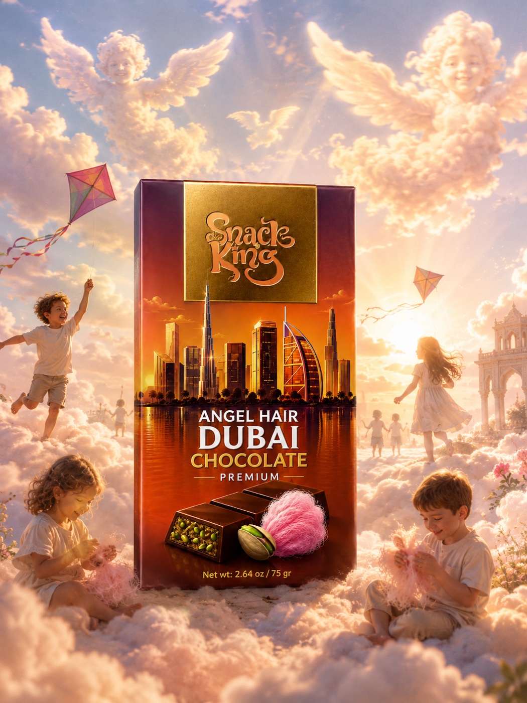 Snack King Angel Hair Dubai Chocolate box among clouds and kites