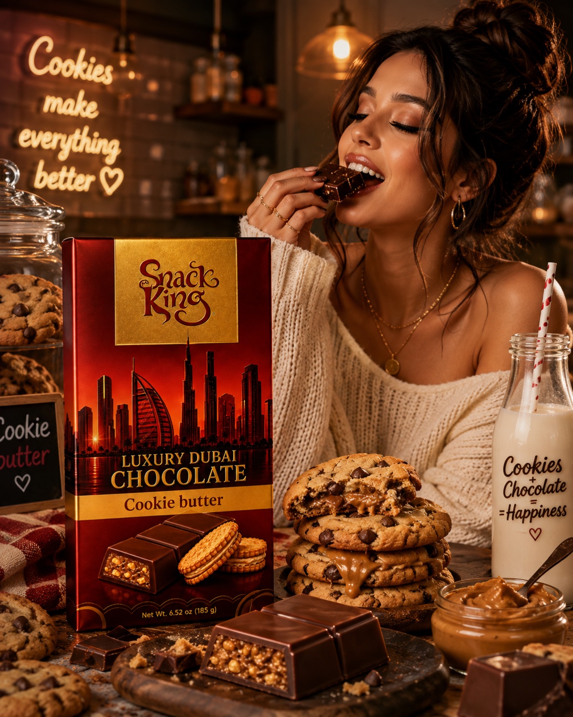 Woman with Snack King Luxury Dubai Chocolate Cookie Butter bar surrounded by cookies and cookie butter jars