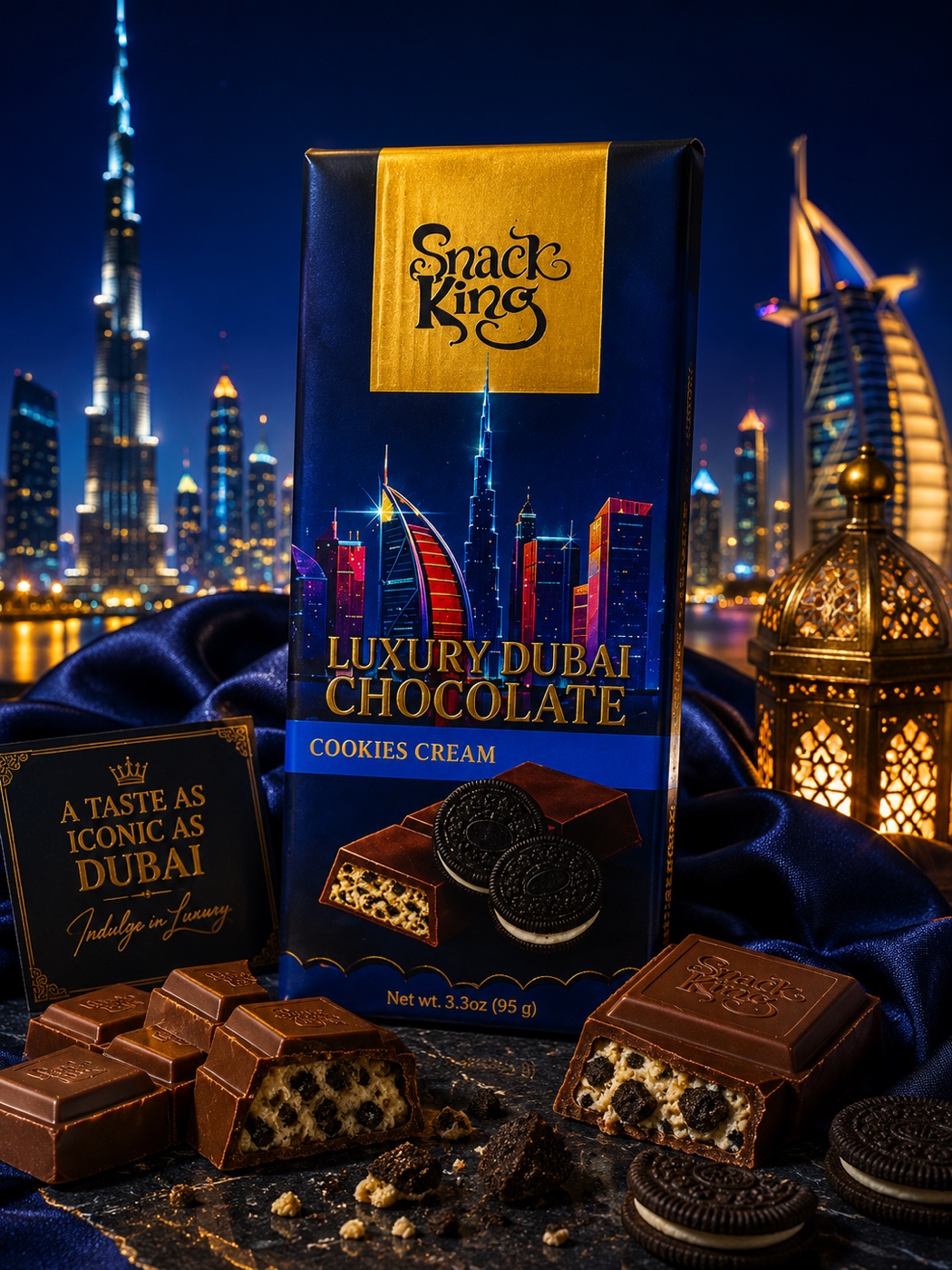 Snack King Luxury Dubai Chocolate Cookies Cream bar against the Dubai skyline at night
