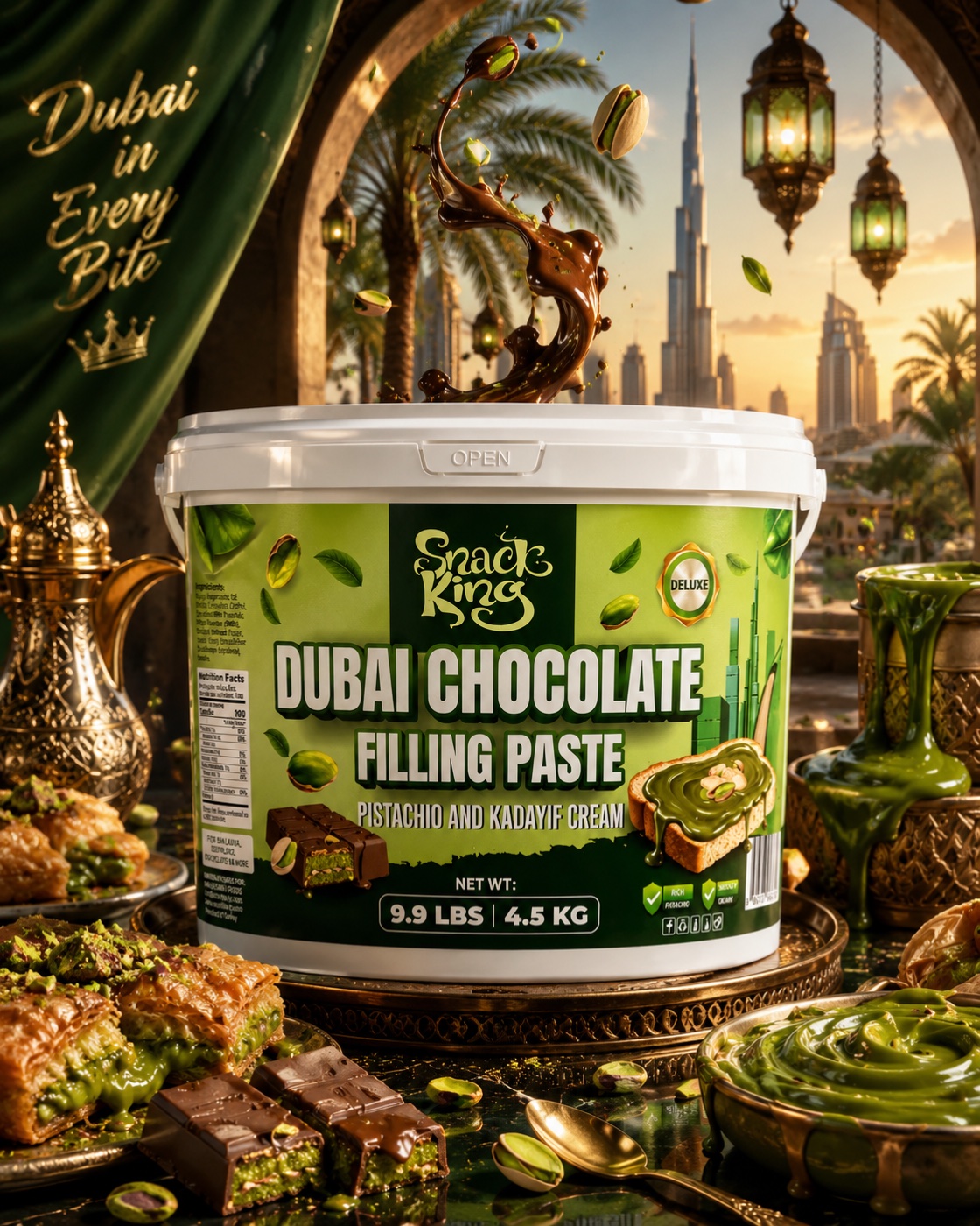 Snack King Dubai Chocolate Filling Paste bucket surrounded by pistachios, kadayif and Middle Eastern lanterns