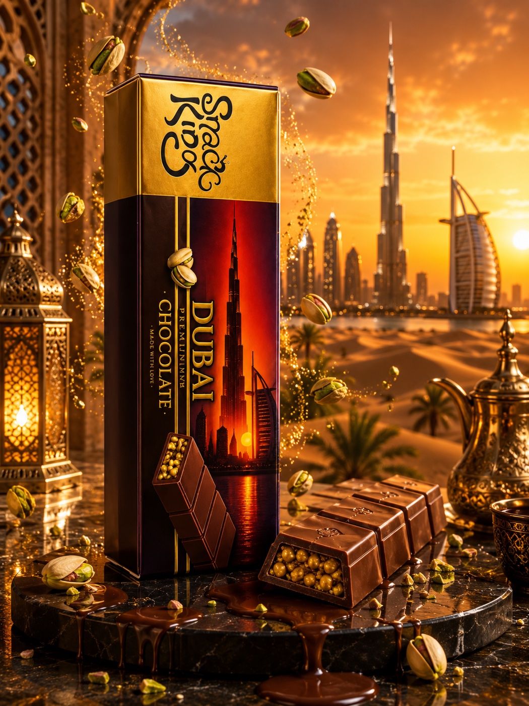 Snack King Dubai Chocolate slim bar with pistachios against a Dubai sunset