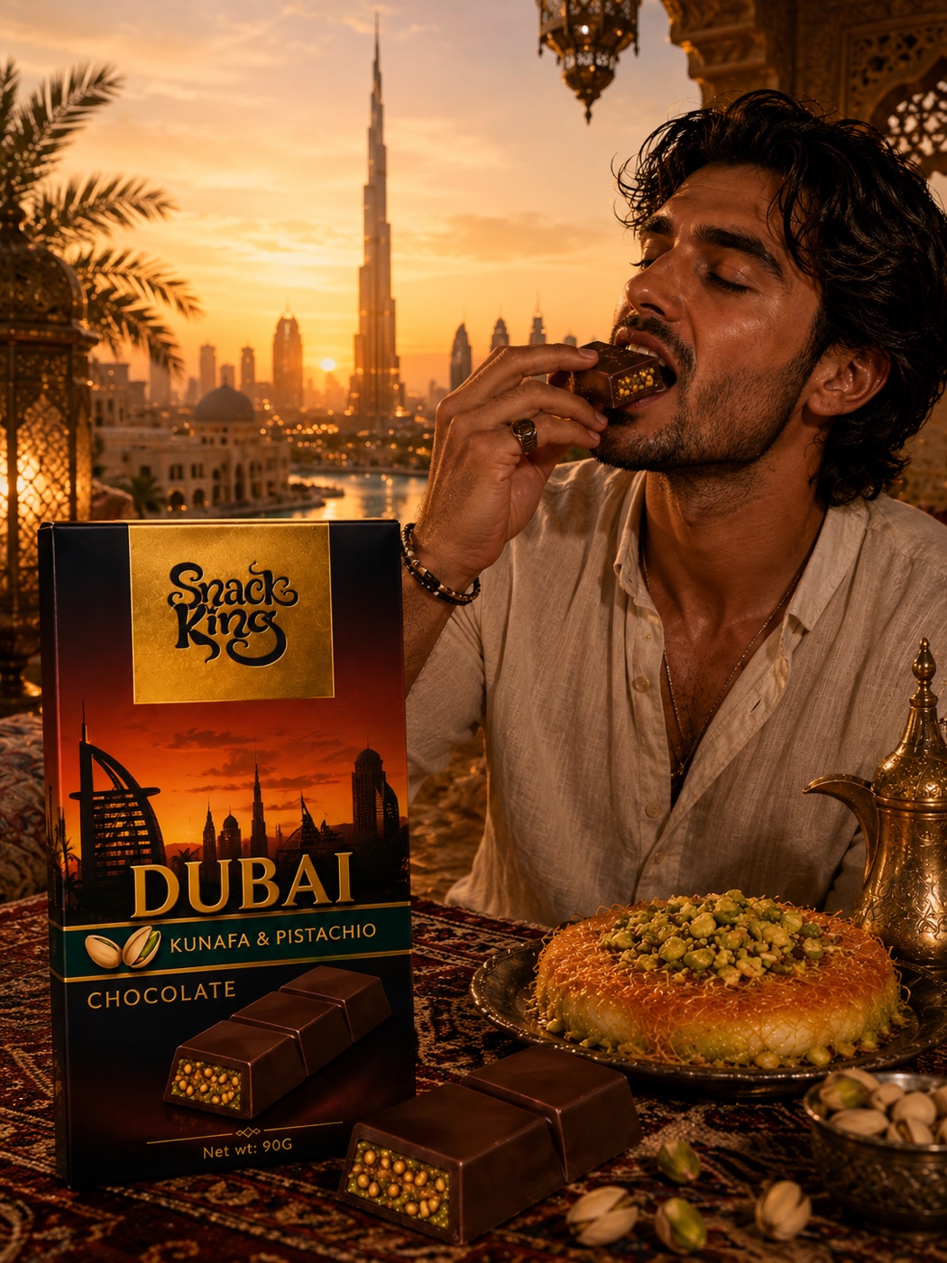 Man eating Snack King Dubai Kunafa & Pistachio chocolate beside a kunafa dish at sunset