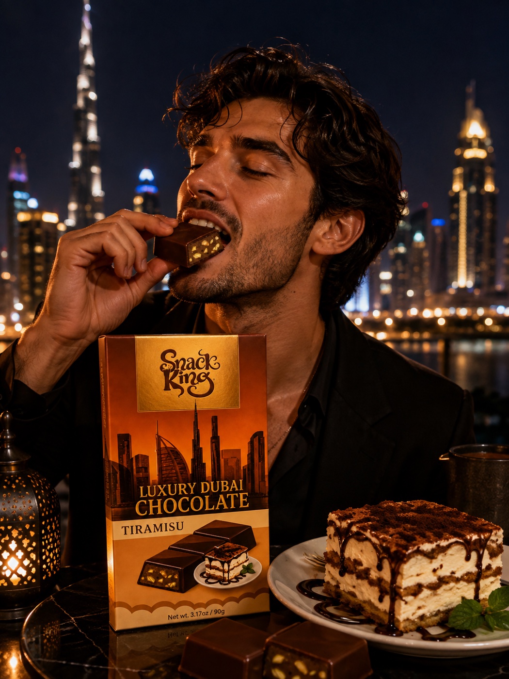 Man eating Snack King Luxury Dubai Chocolate Tiramisu bar beside a tiramisu dessert and the Dubai skyline