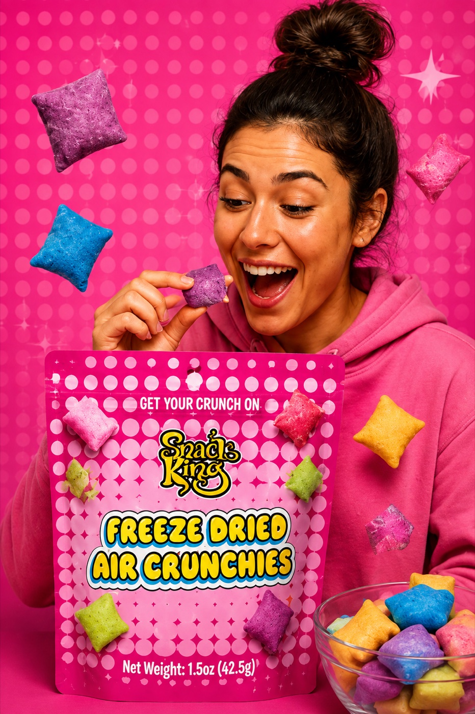 Woman with Snack King Freeze Dried Air Crunchies bag against a pink background