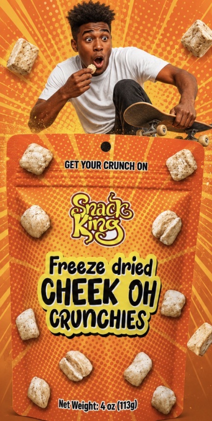 Man on a skateboard with Snack King Freeze Dried Cheek Oh Crunchies bag