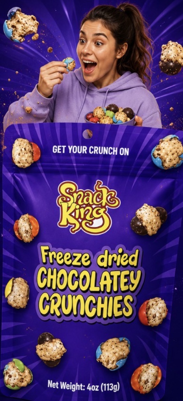Woman with Snack King Freeze Dried Chocolatey Crunchies bag on a purple background