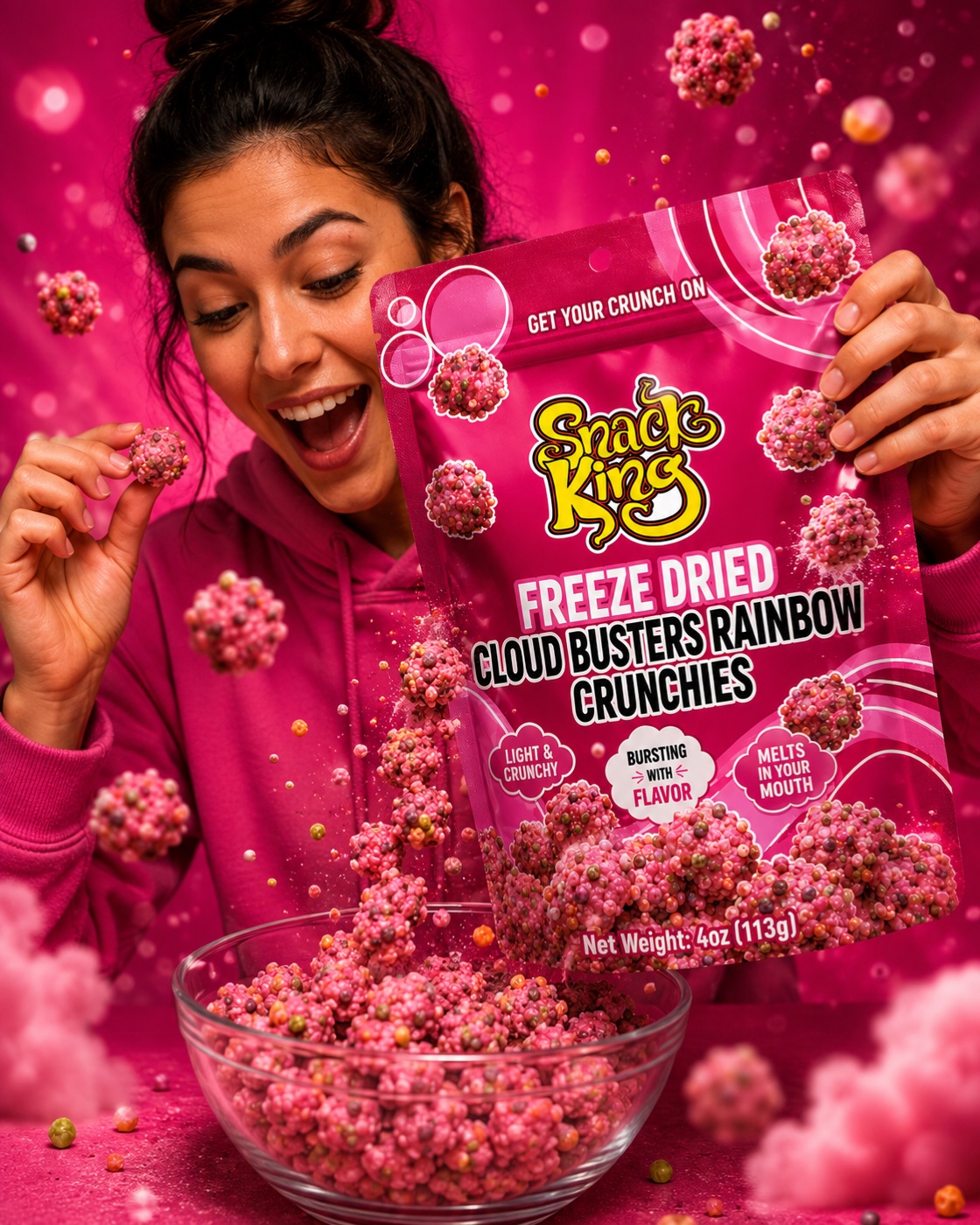 Woman with Snack King Freeze Dried Cloud Busters Rainbow Crunchies bag