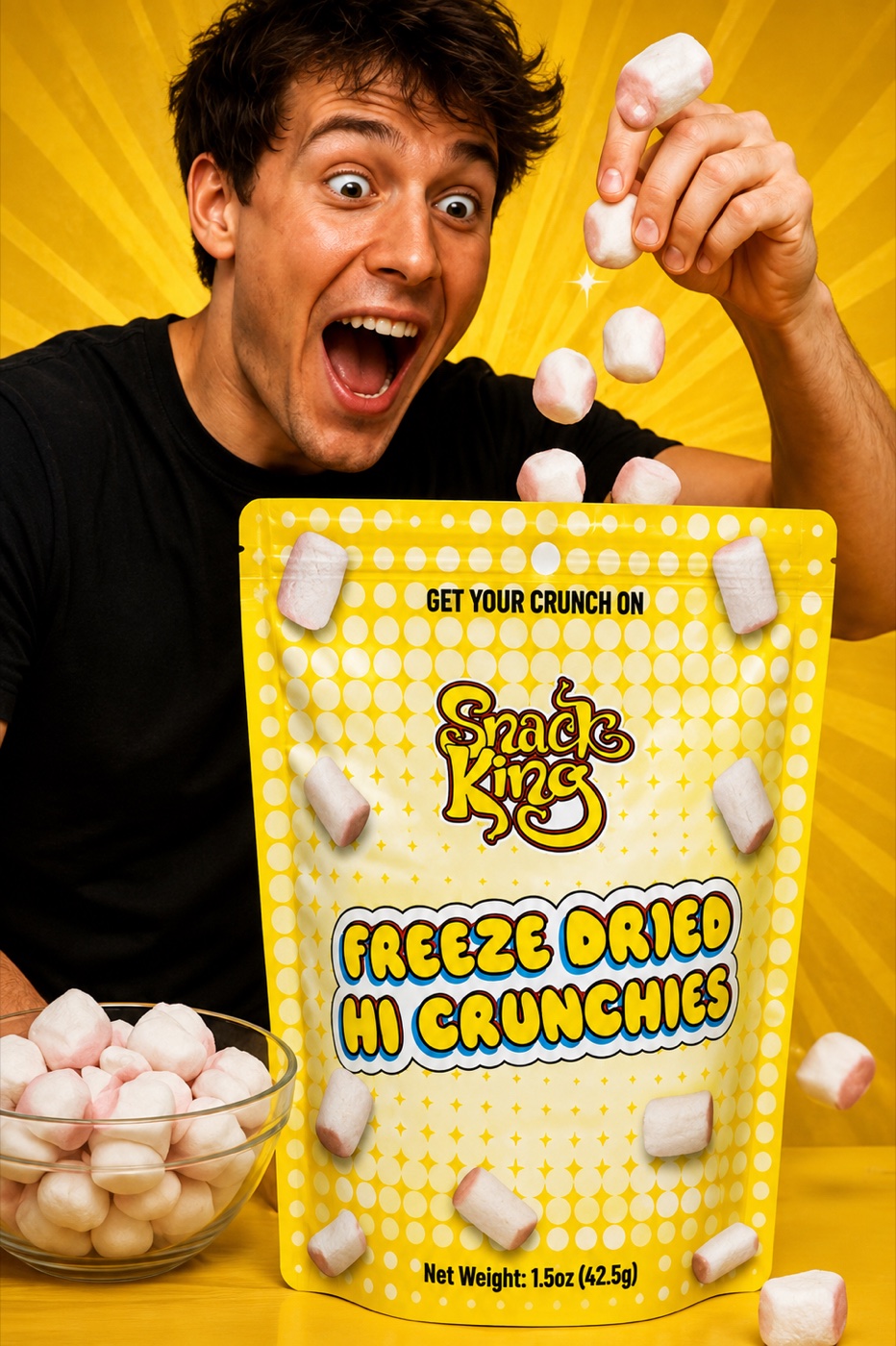 Man with Snack King Freeze Dried Hi Crunchies marshmallow bag on a yellow background