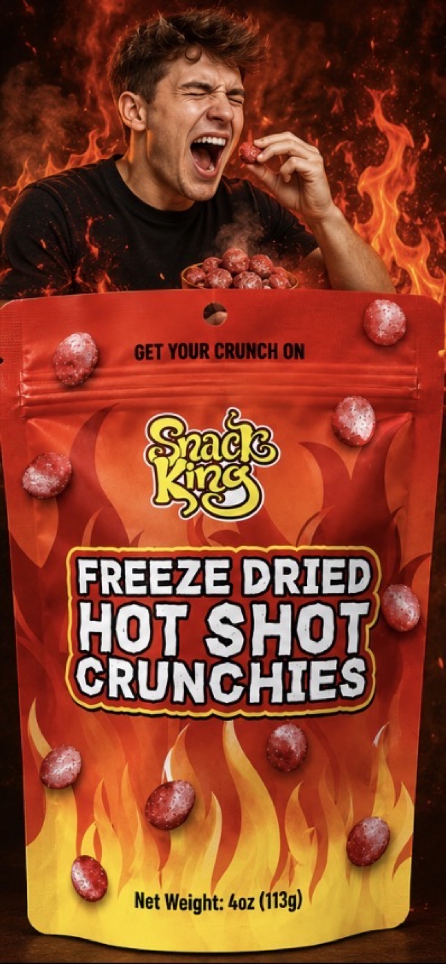 Man eating Snack King Freeze Dried Hot Shot Crunchies against flames