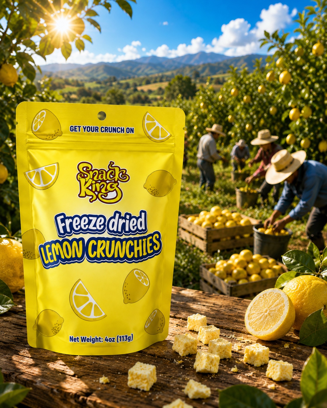 Snack King Freeze Dried Lemon Crunchies bag in a sunlit lemon grove