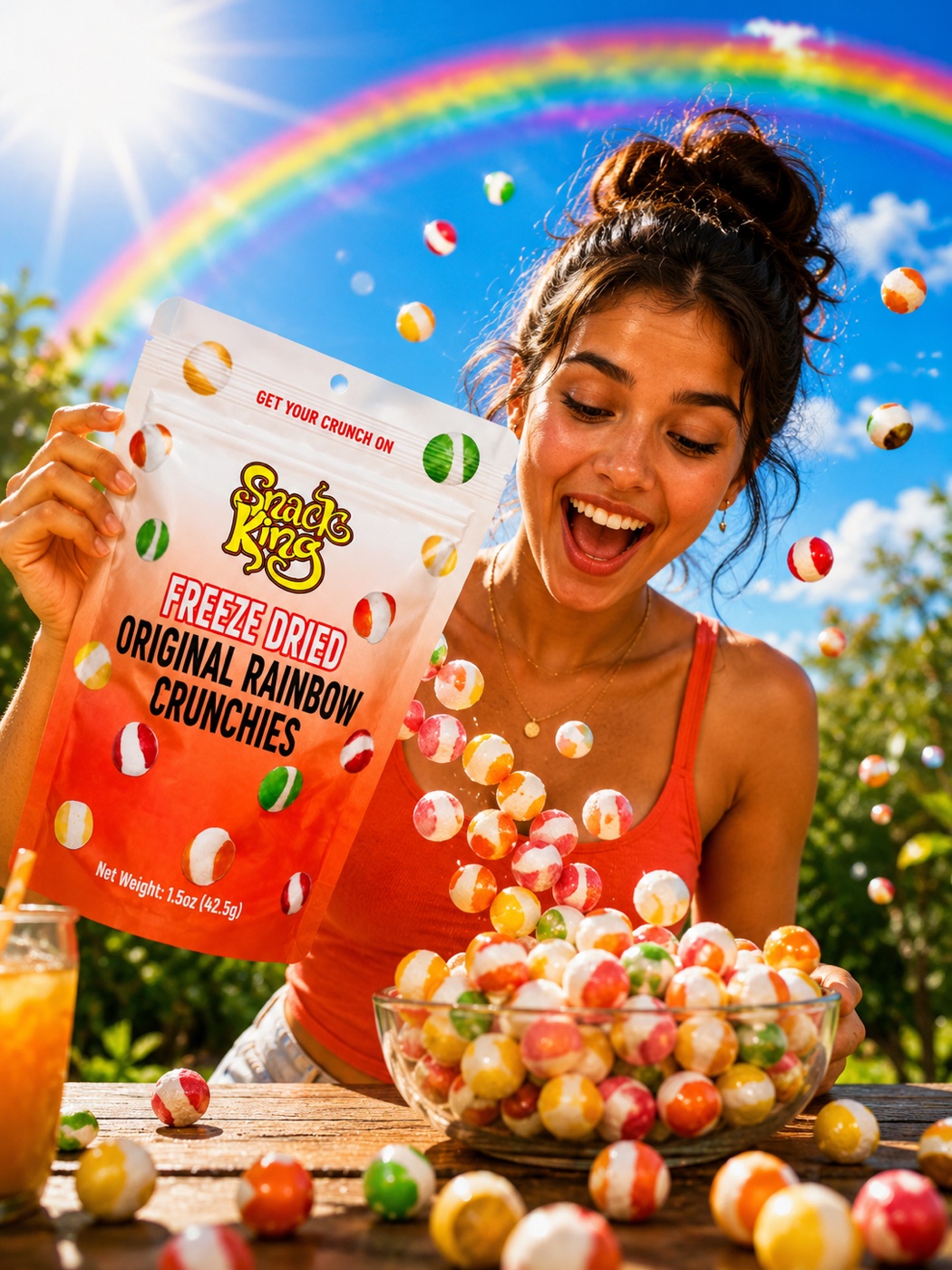 Woman with Snack King Freeze Dried Original Rainbow Crunchies under a rainbow
