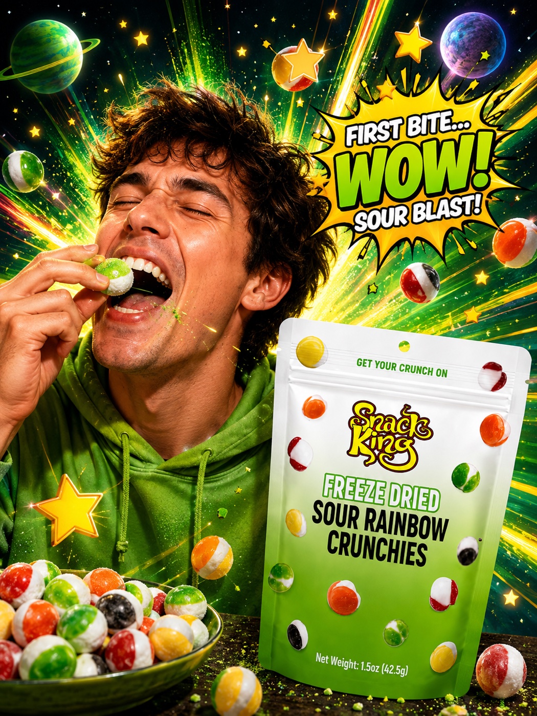 Man eating Snack King Freeze Dried Sour Rainbow Crunchies against a green burst