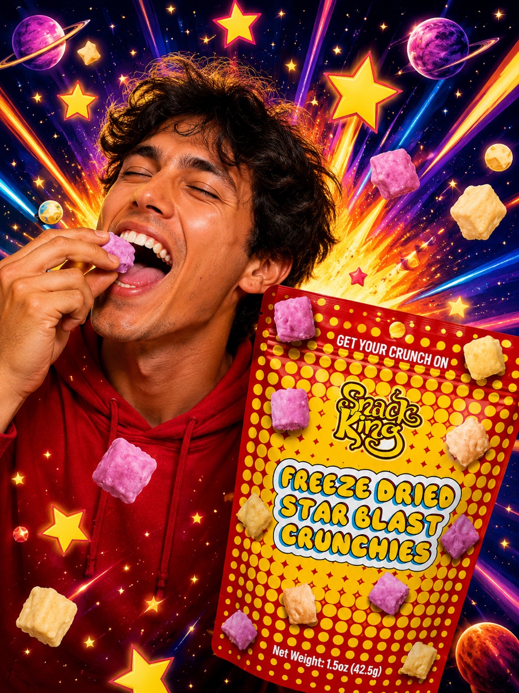 Man eating Snack King Freeze Dried Star Blast Crunchies against a cosmic background