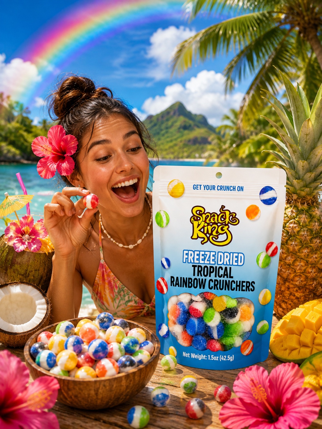 Woman with Snack King Freeze Dried Tropical Rainbow Crunchers in a tropical setting