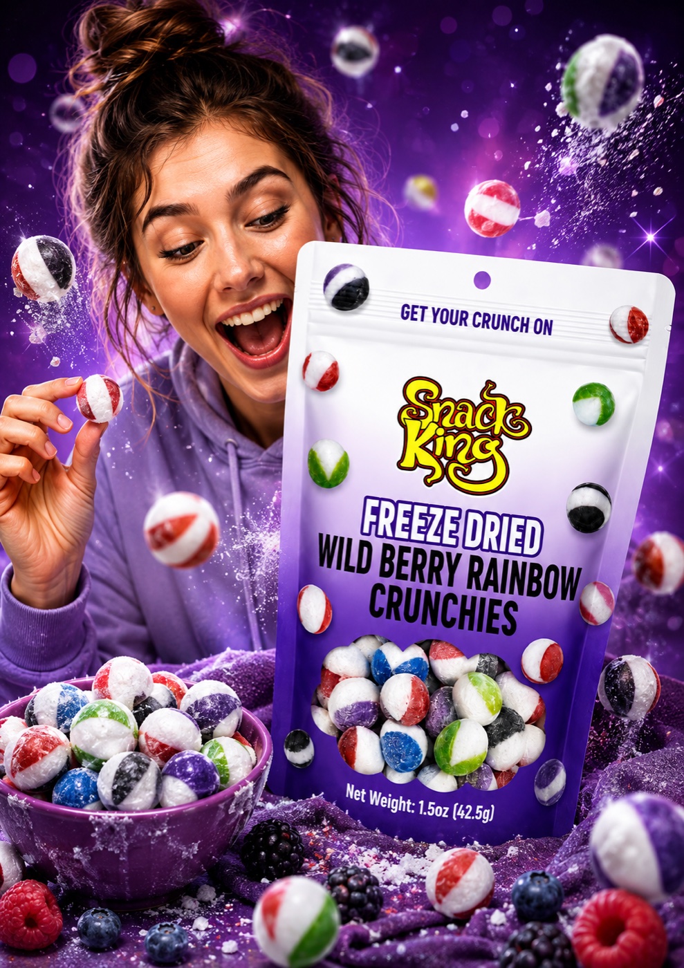 Woman with Snack King Freeze Dried Wild Berry Rainbow Crunchies against a purple cosmic background