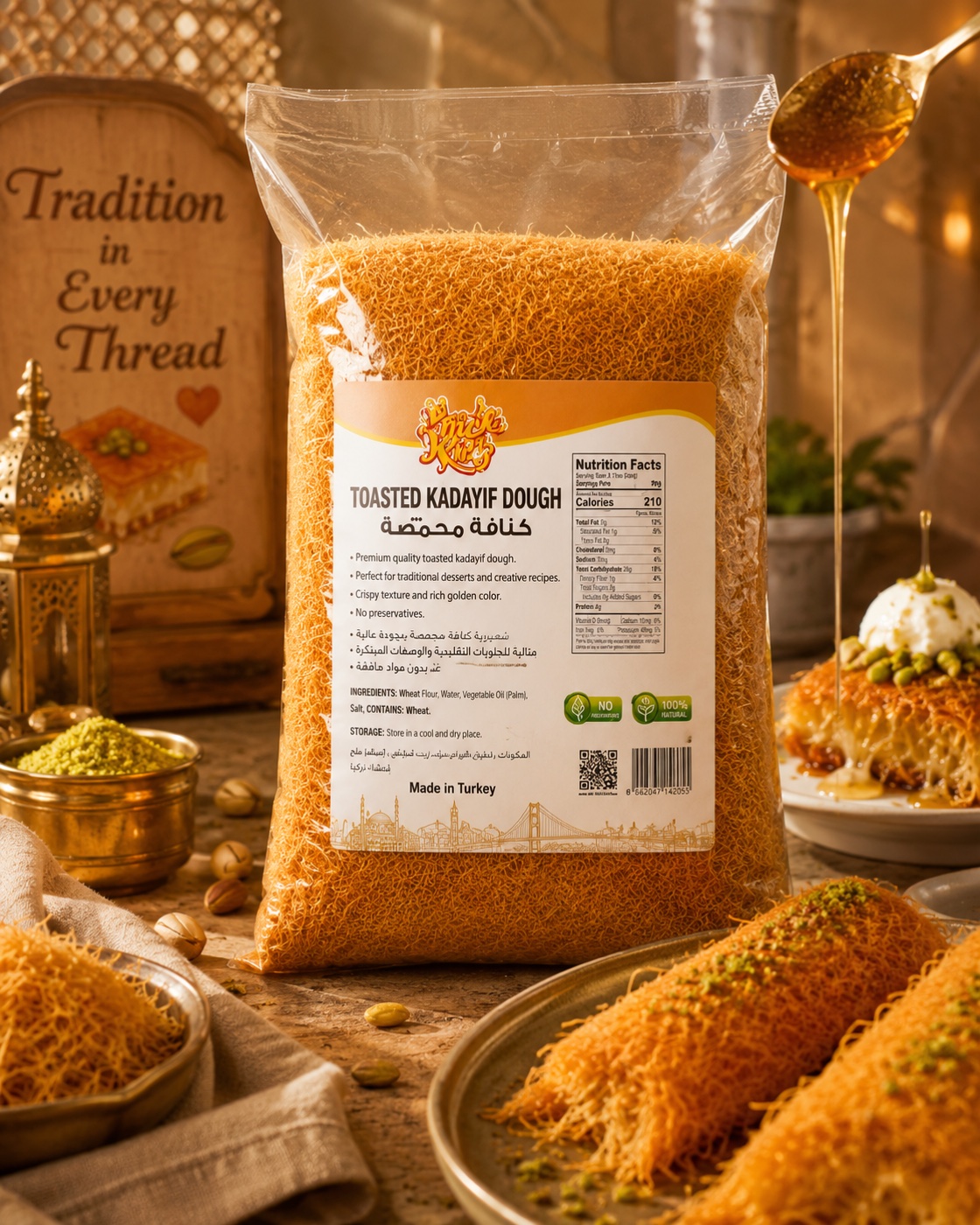 Snack King Toasted Kadayif Dough pack beside golden kunafa rolls and pistachio dessert