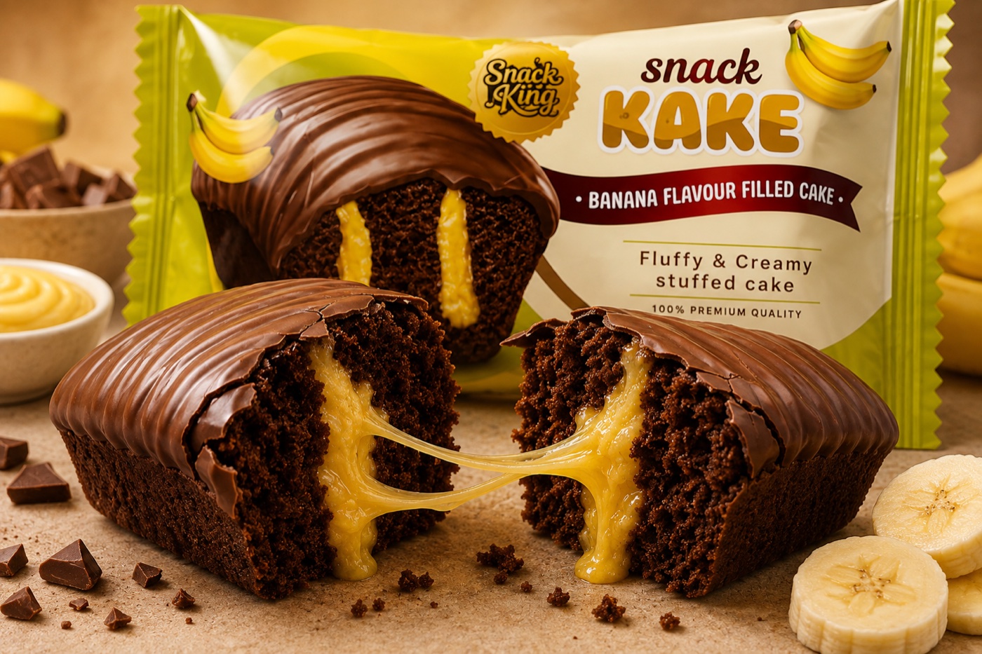 Snack KAKE Banana Flavour Filled Cake pack with a cake cut open showing banana filling