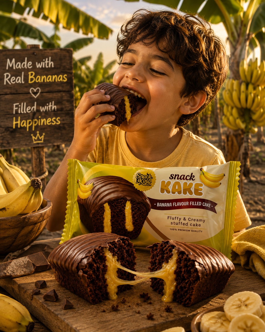 Boy eating Snack KAKE Banana cake in a banana grove