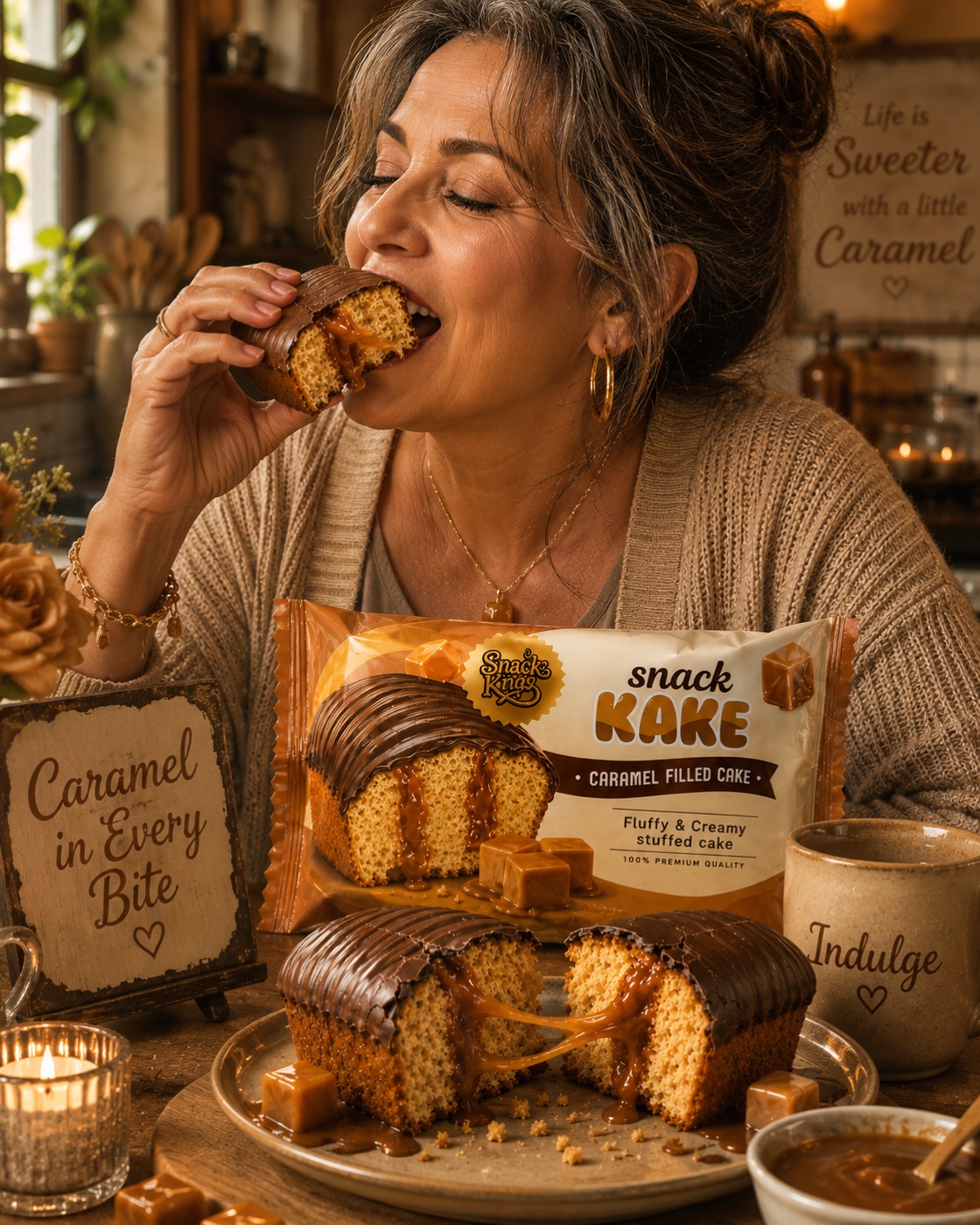 Woman eating Snack KAKE Caramel Filled Cake beside a coffee