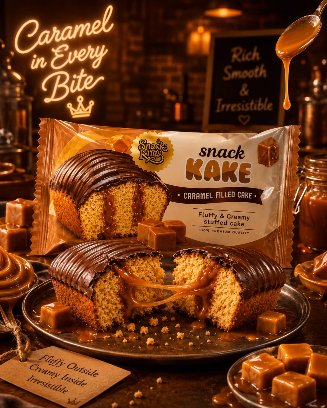 Snack KAKE Caramel Filled Cake pack with caramel and cut cakes
