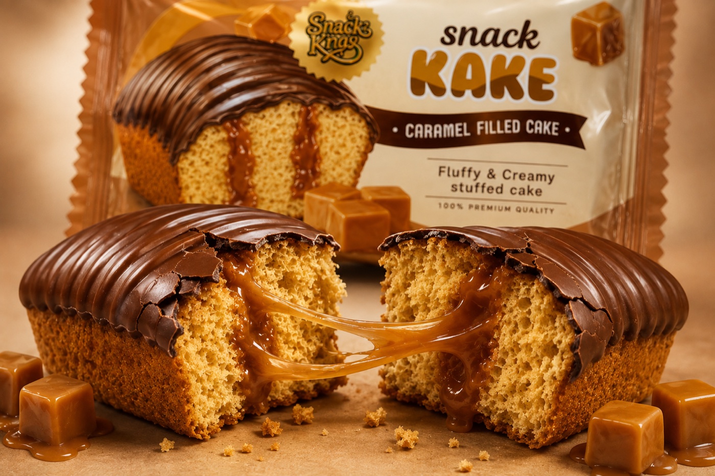 Snack KAKE Caramel Filled Cake split open showing the caramel centre