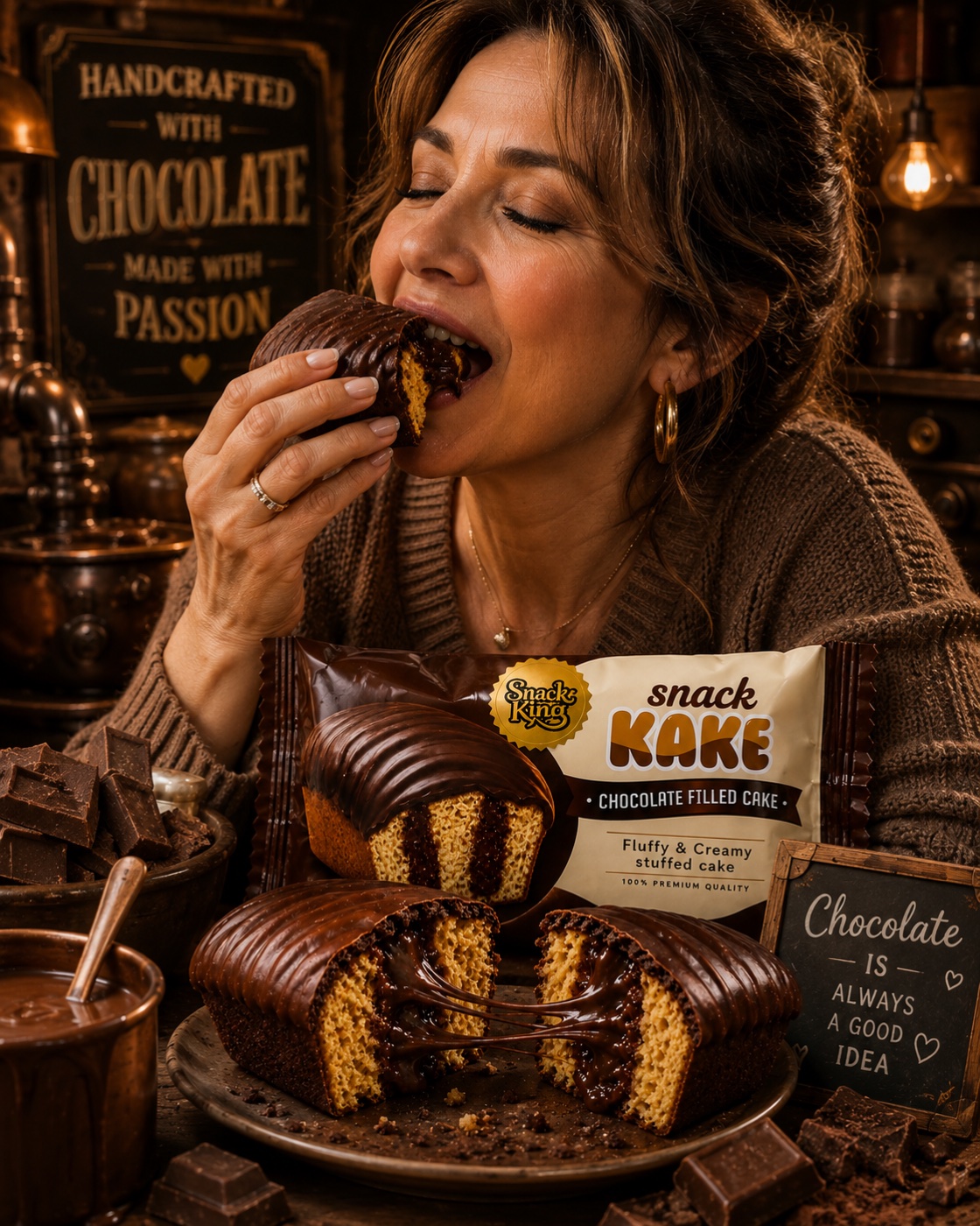 Snack KAKE Chocolate Filled Cake pack with a cake cut open showing molten chocolate centre
