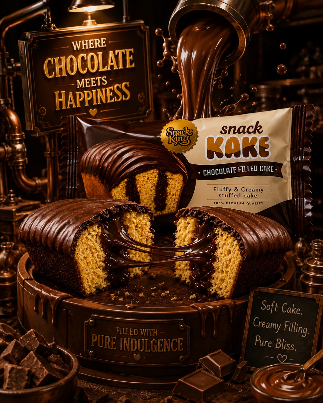Snack KAKE Chocolate cake with chocolate pouring behind it