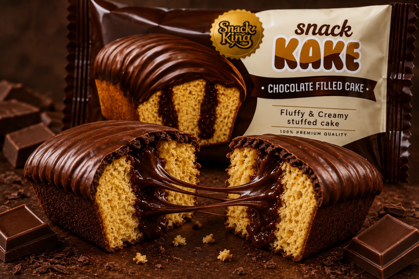 Snack KAKE Chocolate Filled Cake split to show the sponge and filling