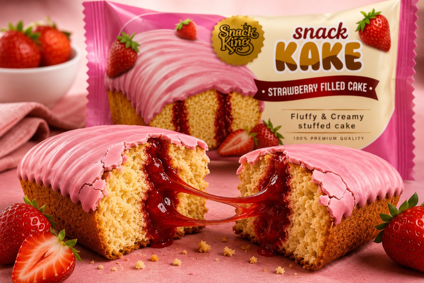 Snack KAKE Strawberry Filled Cake pack with a cake cut open showing strawberry sauce
