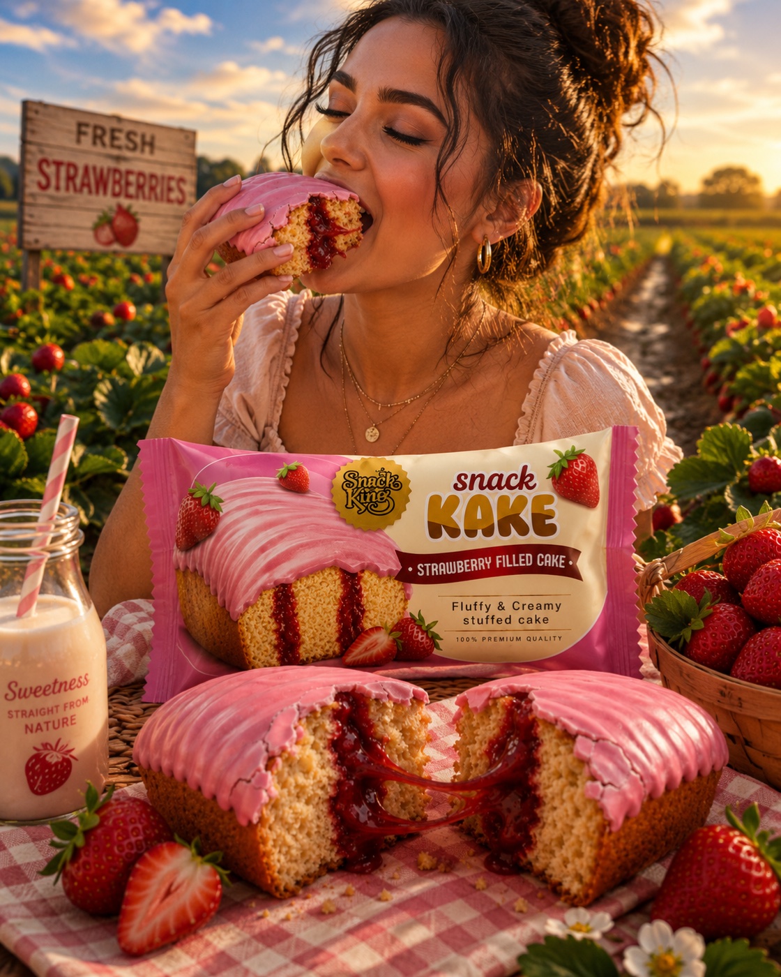 Woman eating Snack KAKE Strawberry cake in a strawberry field