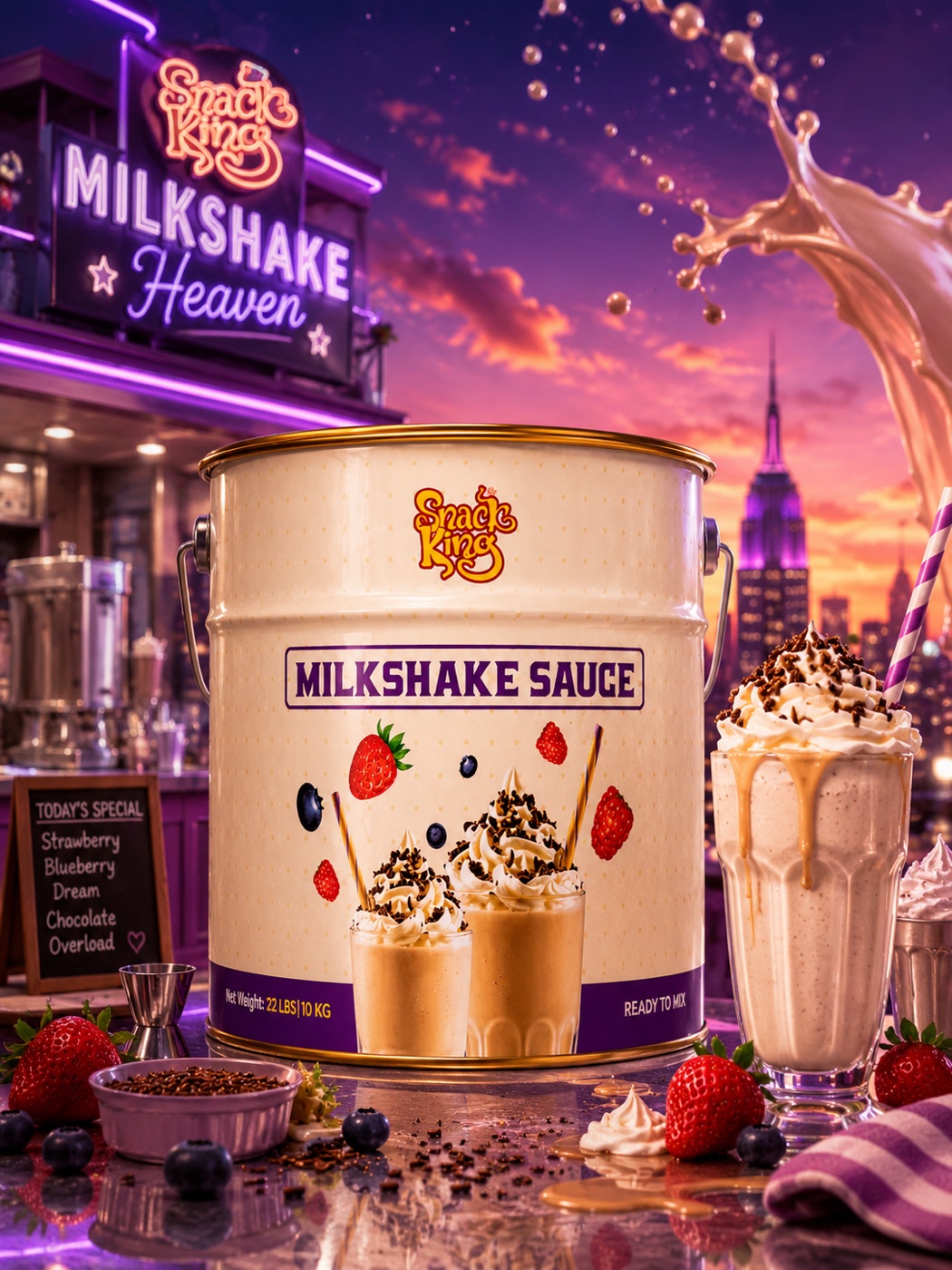 Snack King Milkshake Sauce bucket on a neon-lit diner counter beside three finished milkshakes