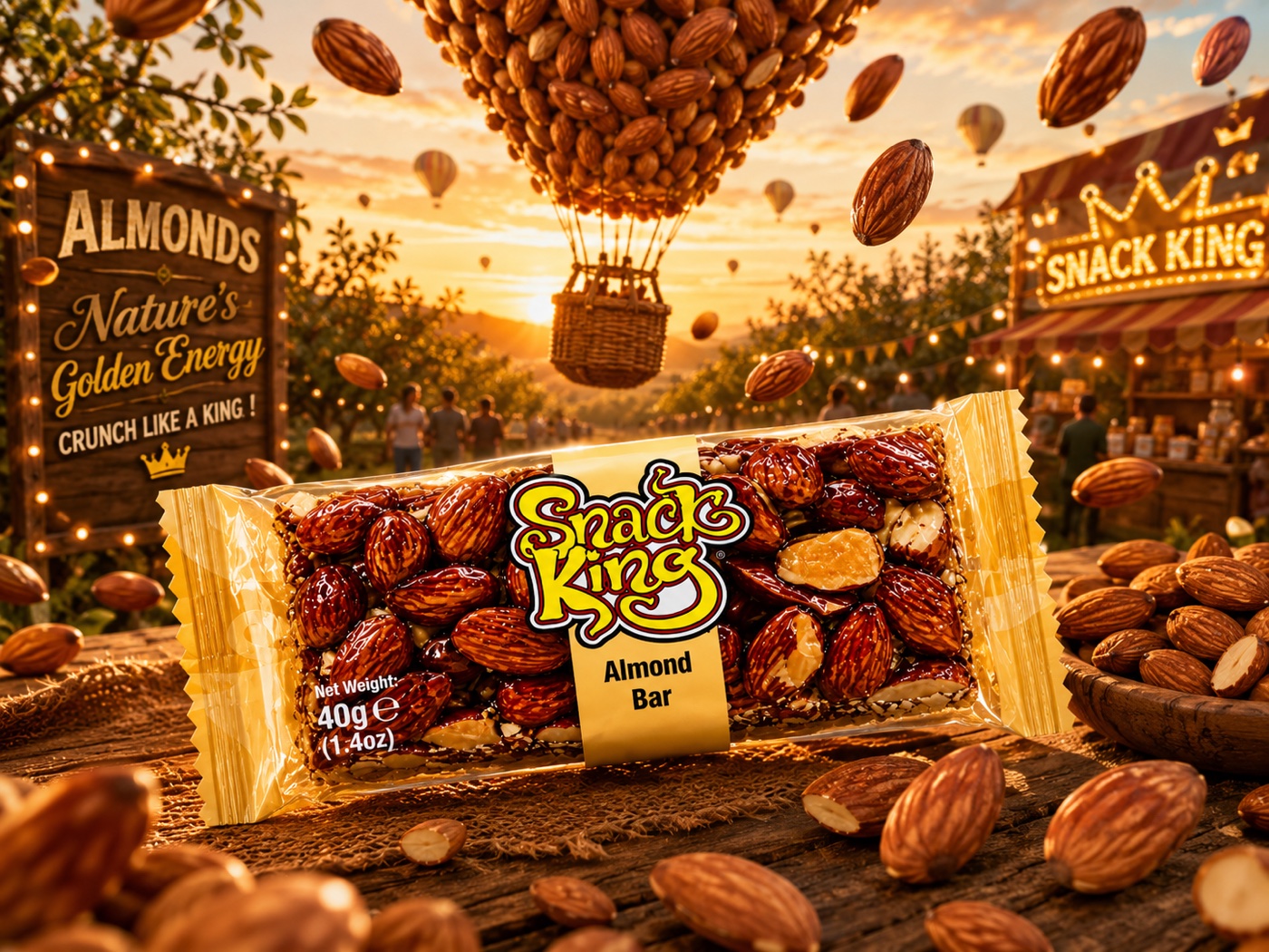 Snack King Almond Bar surrounded by flying almonds at golden hour