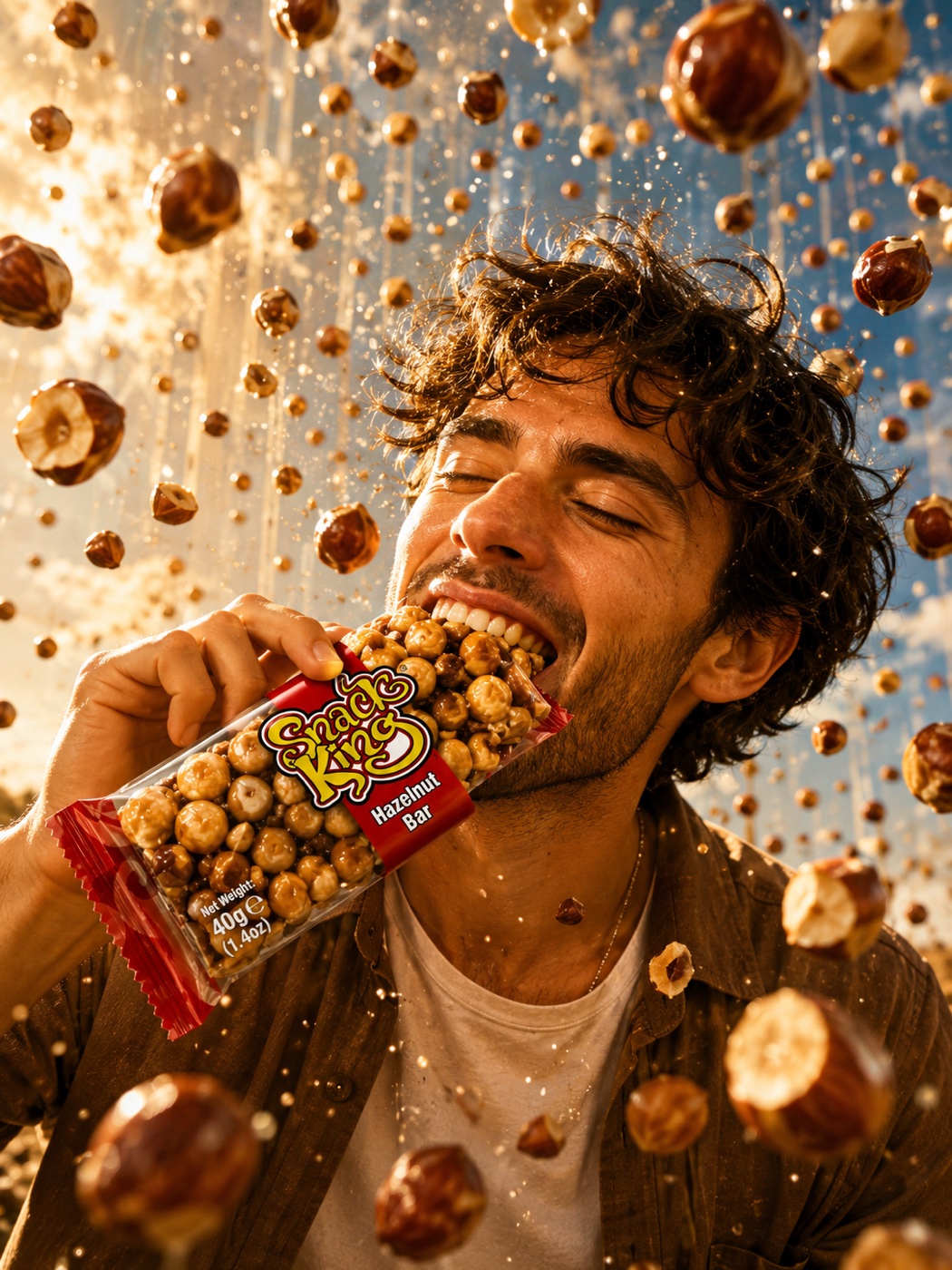 Man eating a Snack King Hazelnut Bar with hazelnuts falling around him