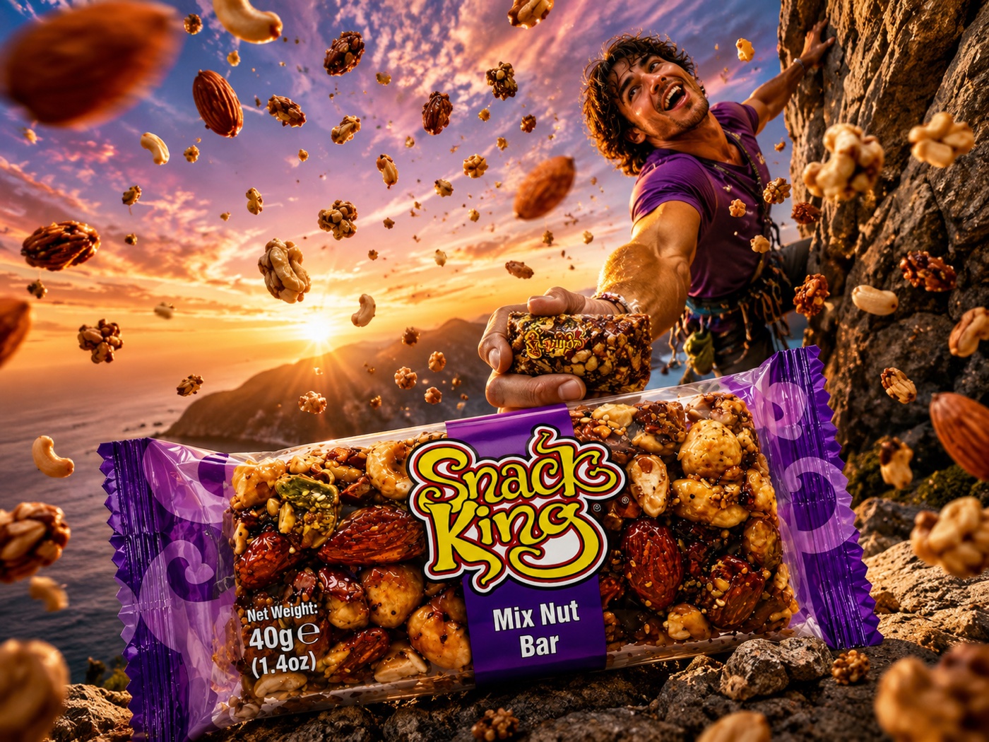 Woman reaching for a Snack King Mix Nut Bar with nuts flying at sunset
