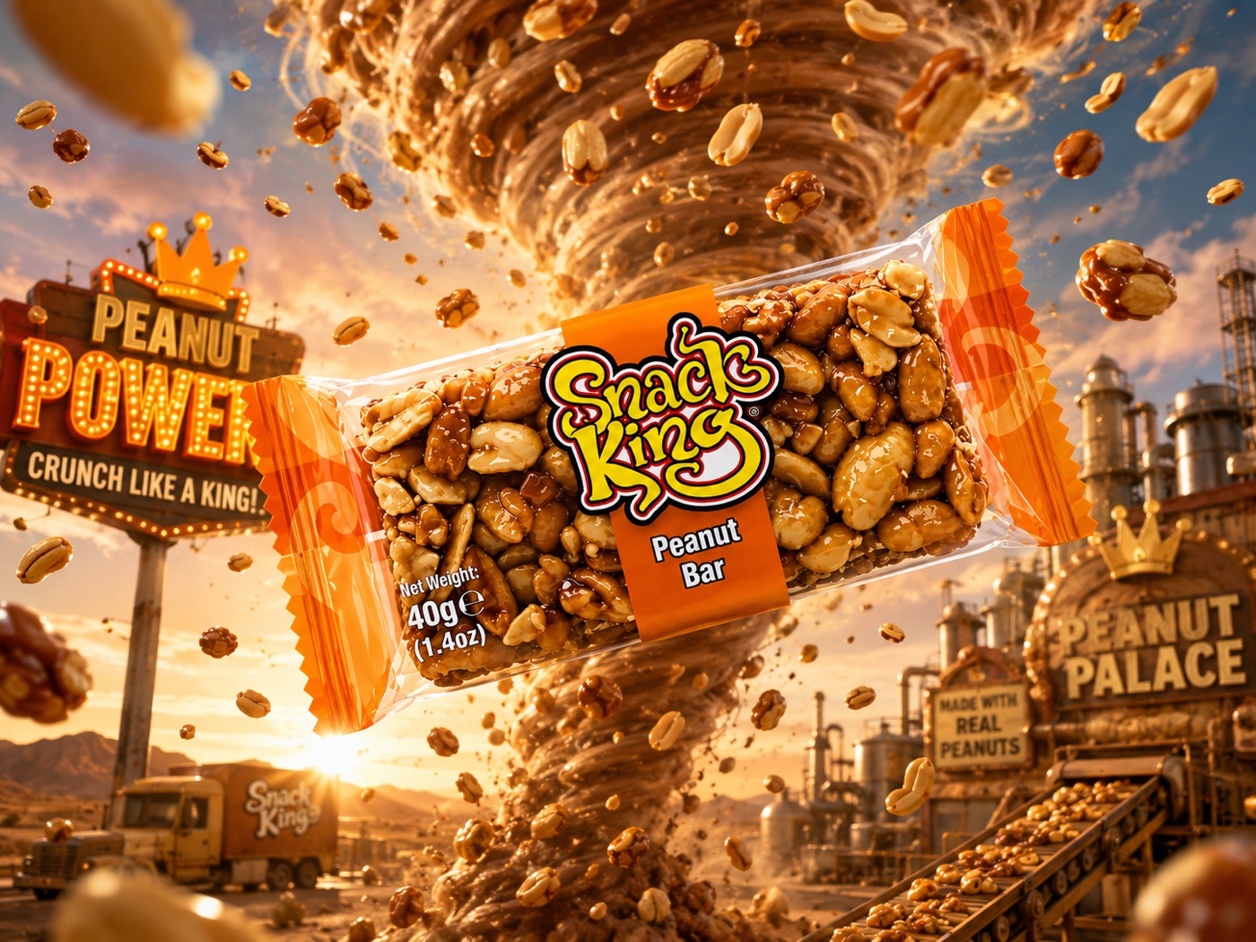 Snack King Peanut Bar with peanuts exploding around it above a golden landscape