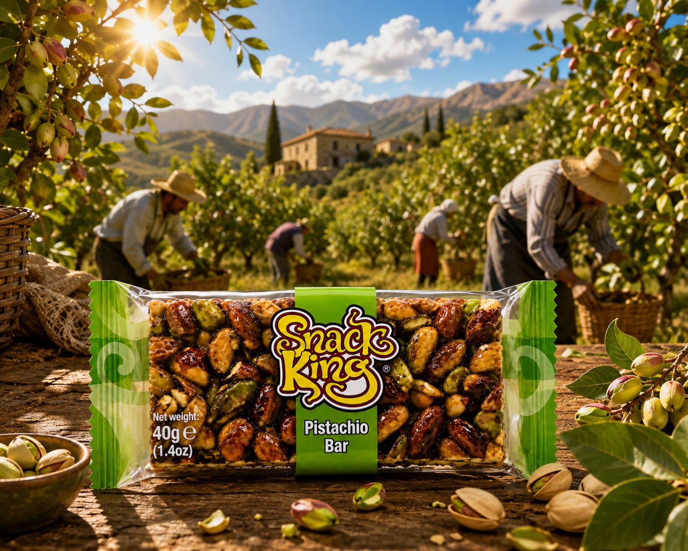 Snack King Pistachio Bar in a pistachio grove at golden hour