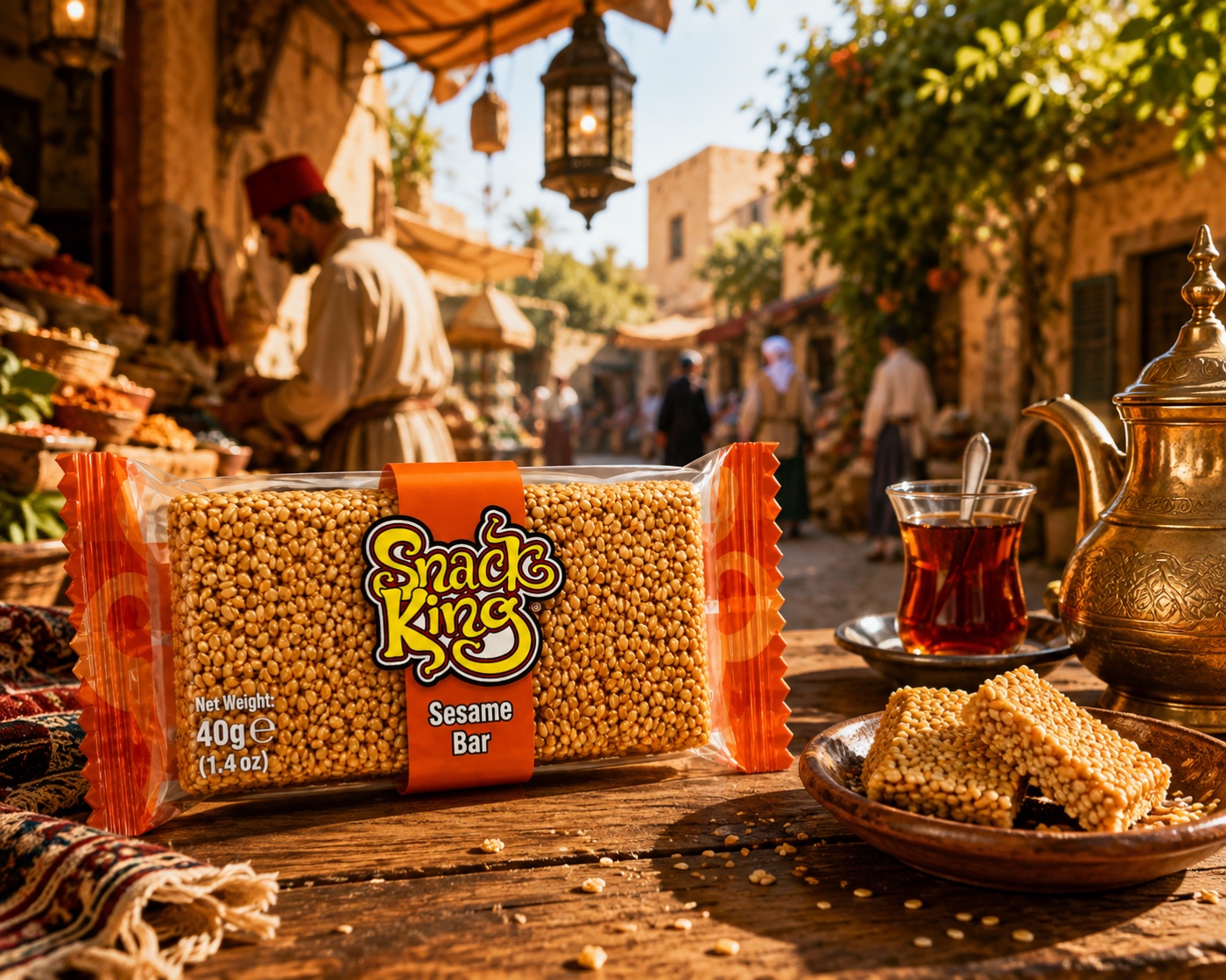Snack King Sesame Bar on a table in a Middle Eastern market with tea