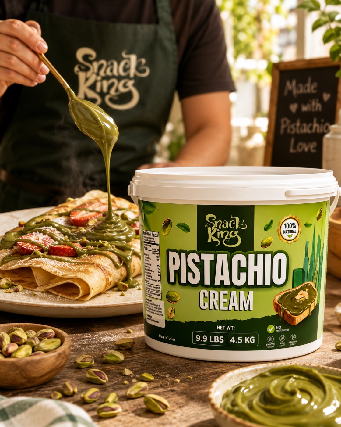 Snack King Pistachio Cream bucket beside a filled crepe, with pistachios and a drizzle spoon
